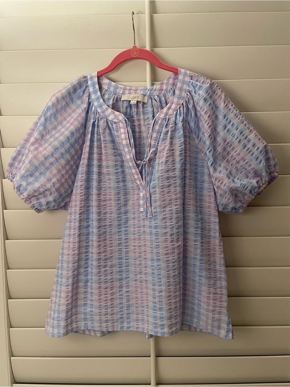 LOFT Pastel Plaid Peasant Blouse in Lavender and Light Blue